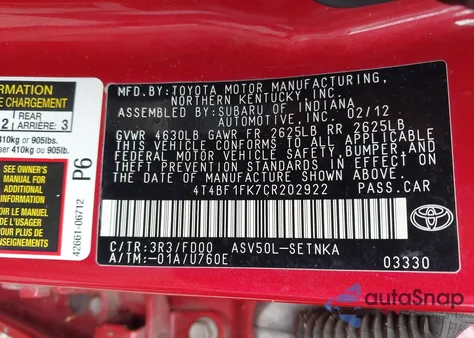 2012 Toyota Camry Le из США, поврежденный, VIN 4T4BF1FK7CR202922